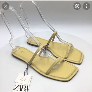 Zara Square-Toe Flat Sandals in Yellow.
